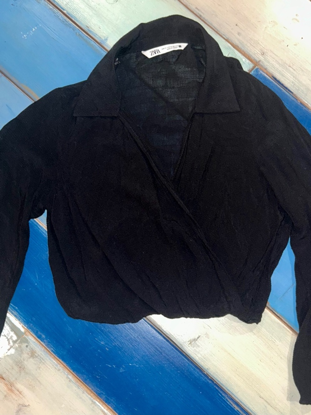 Zara Black Wrap Crop Top Women's XS Long Sleeve Collared Textured Blouse